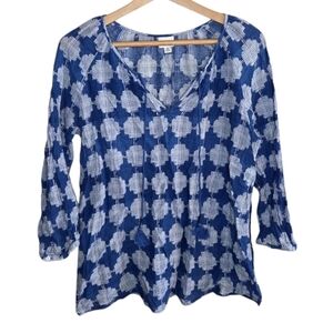 Merona | Blue White Print 3/4 Sleeve 100% Cotton Top Size Medium